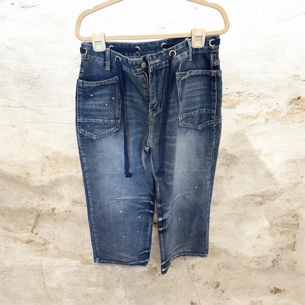 Men's Blue Washed Drawstring Utility Jeans